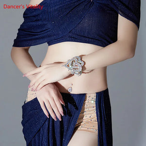 Belly Dance Costume Women's Navy Blue Sparkle Off-Shoulder Top and Skirt Set with Rhinestone Heart Belt