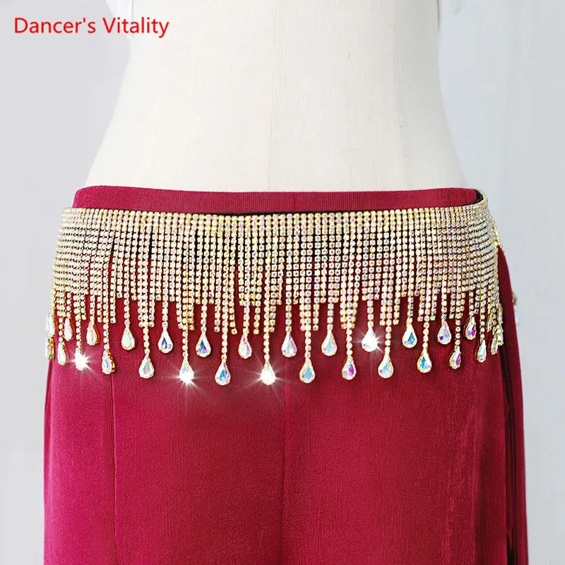 Belly Dance Hip Scarf, Women's Silver Rhinestone Fringe & Teardrop Crystal Tassel Belt, Belly Dance Hip Scarf