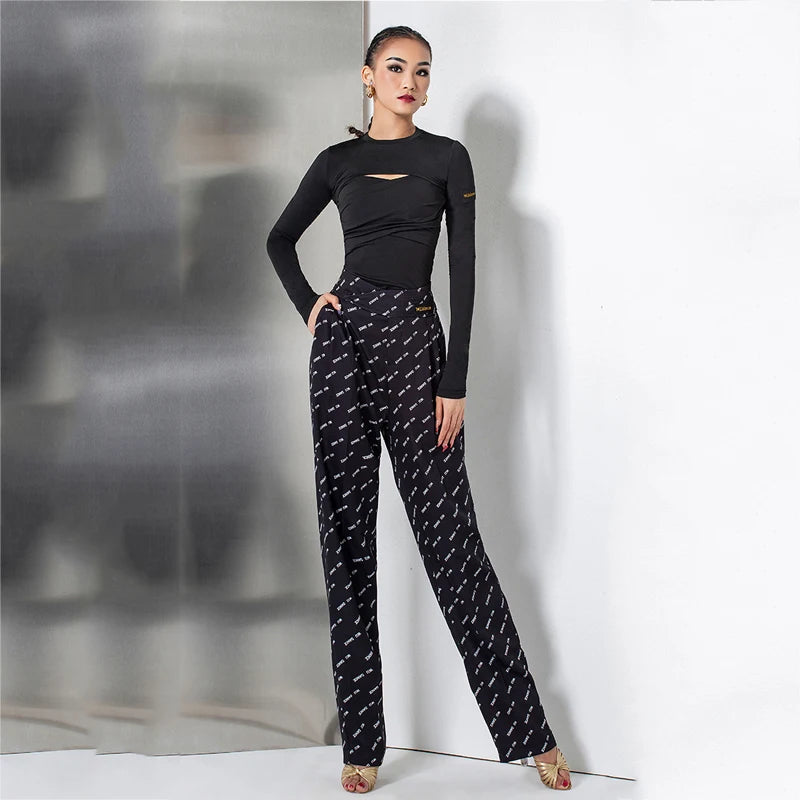 Women's Black Long Sleeve Cutout Crop Top & Black Logo Print High-Waisted Dance Pants Set, Stretch Fabric
