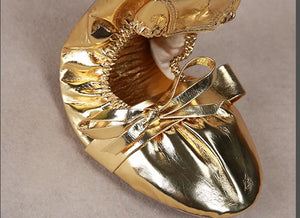 Women's Gold Metallic Ballet Flat Dance Shoes with Bow Detail