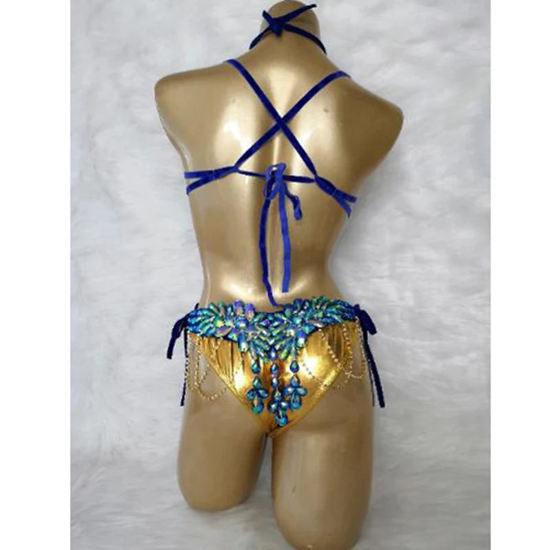 Dance Costume Women's Blue & Gold Bejeweled Rhinestone Bra & Skirt Set for Belly Dance