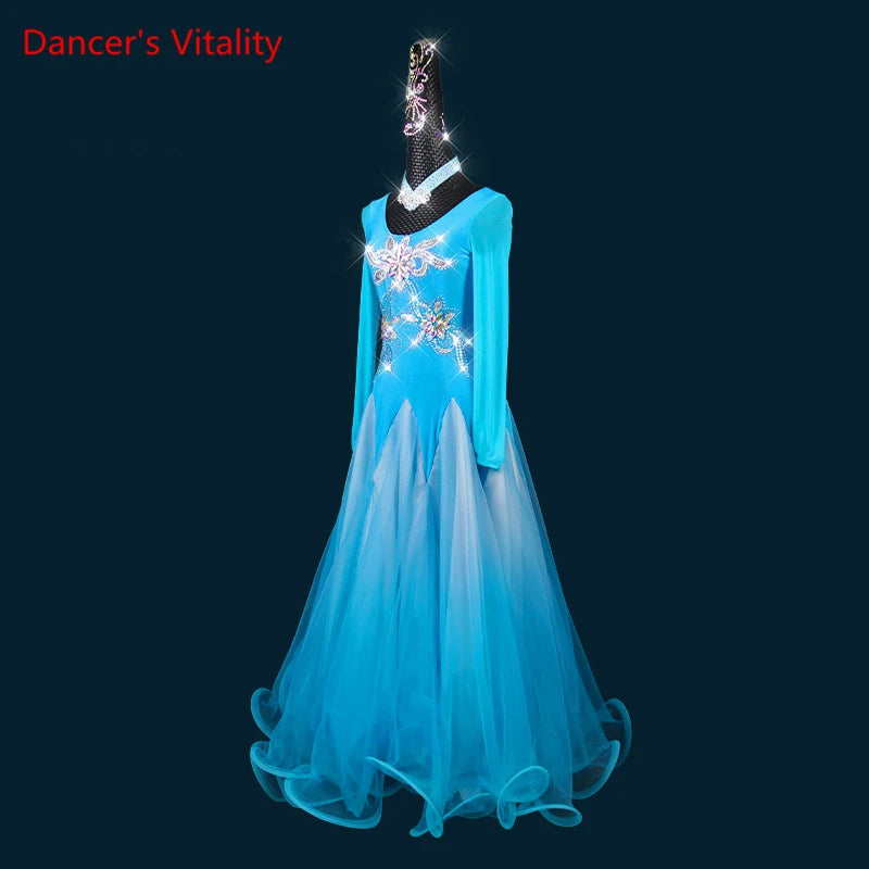 Ballroom Dance Dress Women's Blue Rhinestone Mesh Long Sleeve Tulle Gown Standard Dance