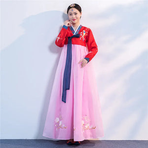 Women's Pink Hanbok Dress with Embroidered Flowers and Birds