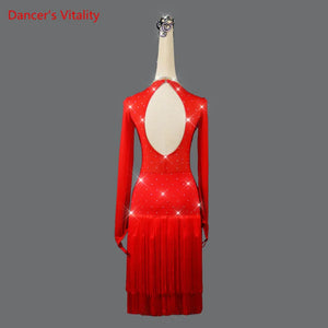 Women's Red Rhinestone Long Sleeve Fringe Latin Dance Dress