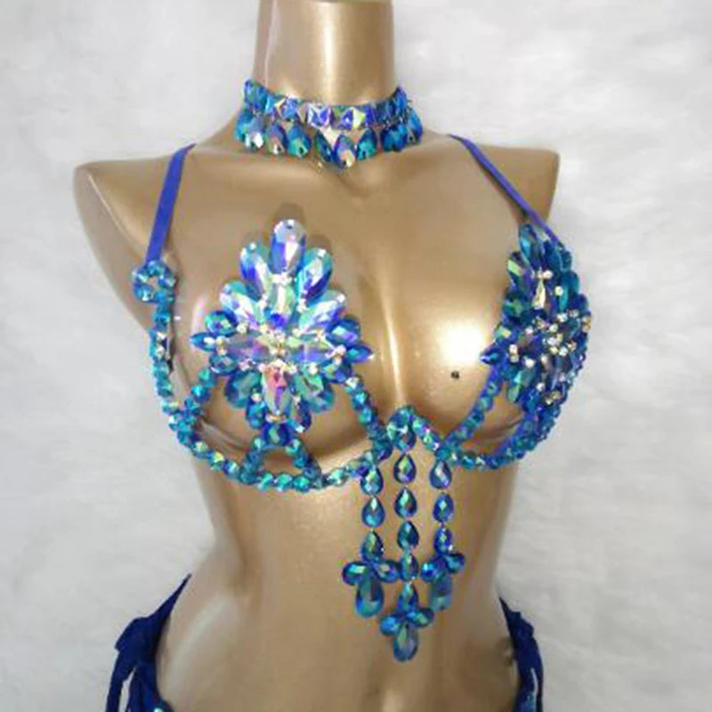 Dance Costume Women's Blue & Gold Bejeweled Rhinestone Bra & Skirt Set for Belly Dance