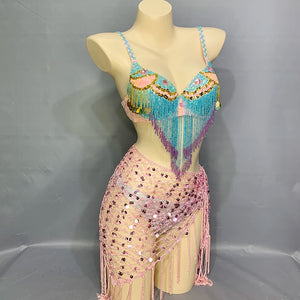 Belly Dance Costume Set Women's Light Blue & Pink Sequin Beaded Fringe Bra Top with Pink Sequin Mesh Hip Scarf