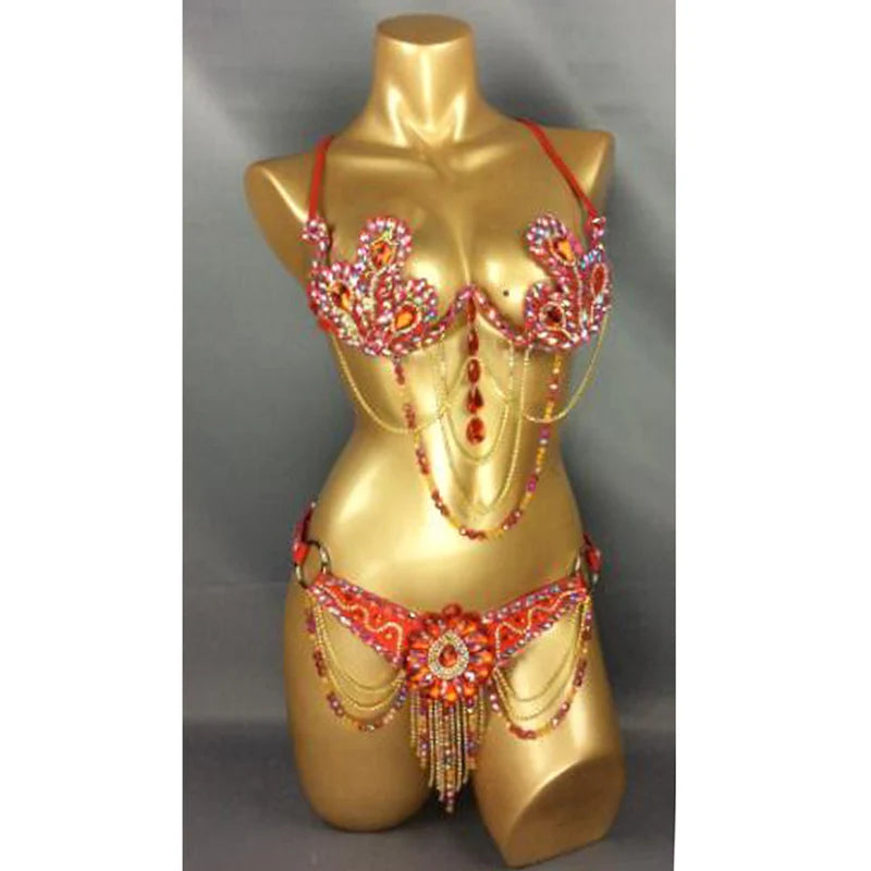 Belly Dance Costume, Women's Red & Gold Beaded Crystal Bra & Belt Set, Latin & Samba Dancewear