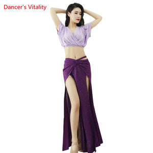 Women's Light Blue Crop Top & Navy Sequin Slit Skirt Belly Dance Costume