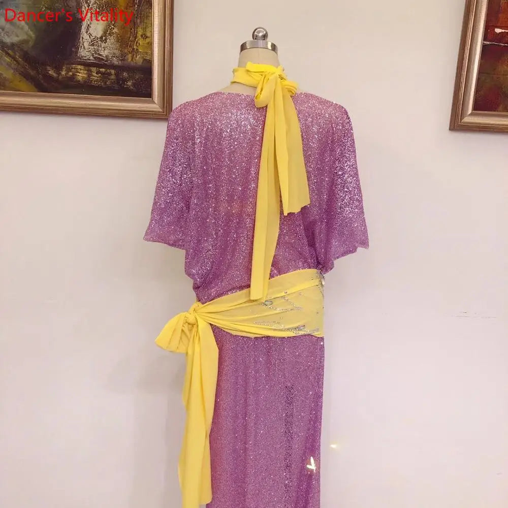 Women's Belly Dance Baladi Saidi Costume Dress Set With Bra, Glitter Fabric For Group Performance