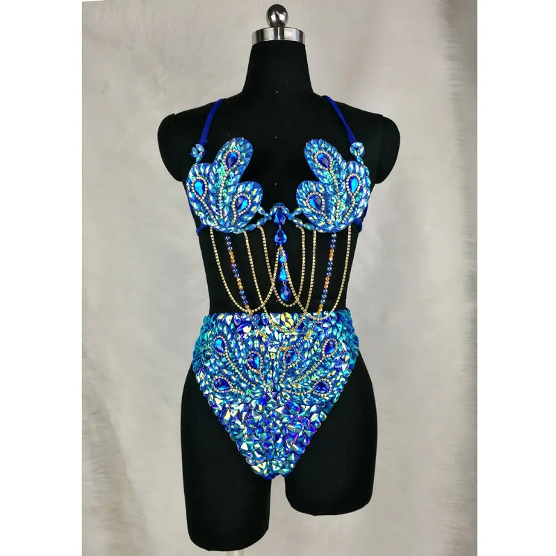 Dance Women's Red Embellished Jewel Sequin Rhinestone Bra Top High Waist Shorts Set, Latin Salsa Samba Carnival Belly Dance