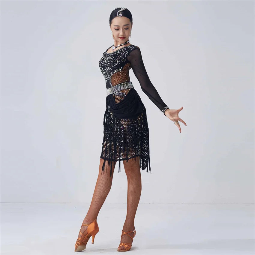 Women's Latin Ballroom Dance Dress With Ruffle Skirt For Competition
