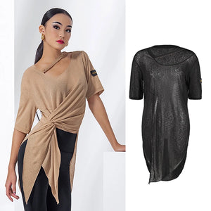 Women's Tan & Black Asymmetrical Knit Top with Twisted Front for Latin Dance