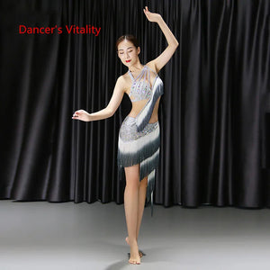 Belly Dance Costume Women's White & Grey Fringe Sequin Asymmetrical Skirt & Bra Top Set for Performance