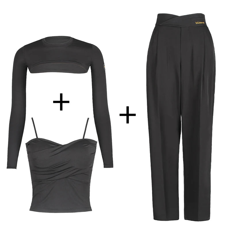 Women's Black Long Sleeve Cutout Crop Top & Black Logo Print High-Waisted Dance Pants Set, Stretch Fabric