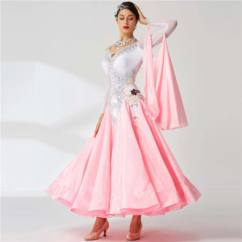 Girls' Long Ballroom Dance Dress With Pearl Embellishment For Competition