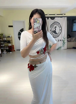 Women's Pink Floral Applique Draped Crop Top and High Slit Skirt Set for Belly Dance