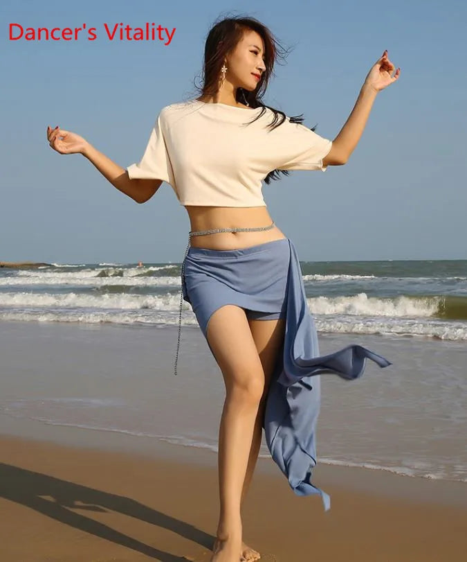 Women's Pink Crop Top and Ruched Slit Skirt Set with Rhinestone Waist Chain for Belly Dance