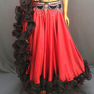 Women's Red and Black Ruffled Satin and Organza Belly Dance Skirt with Beaded Hip Scarf for Performance