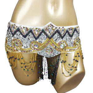 Belly Dance Hip Scarf, Women's Royal Blue Sequin & Bead Embellished Hip Belt with Gold & Iridescent Fringe, Tribal Fusion Dancewear