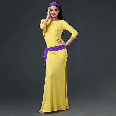 Belly Dance Dress Women's Black & Pink Long Sleeve Side Slit Baladi Saidi Folkloric Dress with Headband and Hip Scarf