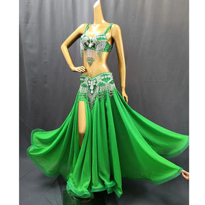 Belly Dance Costume Women Purple Beaded Bra & Slit Skirt Set Chiffon Tribal Dancewear