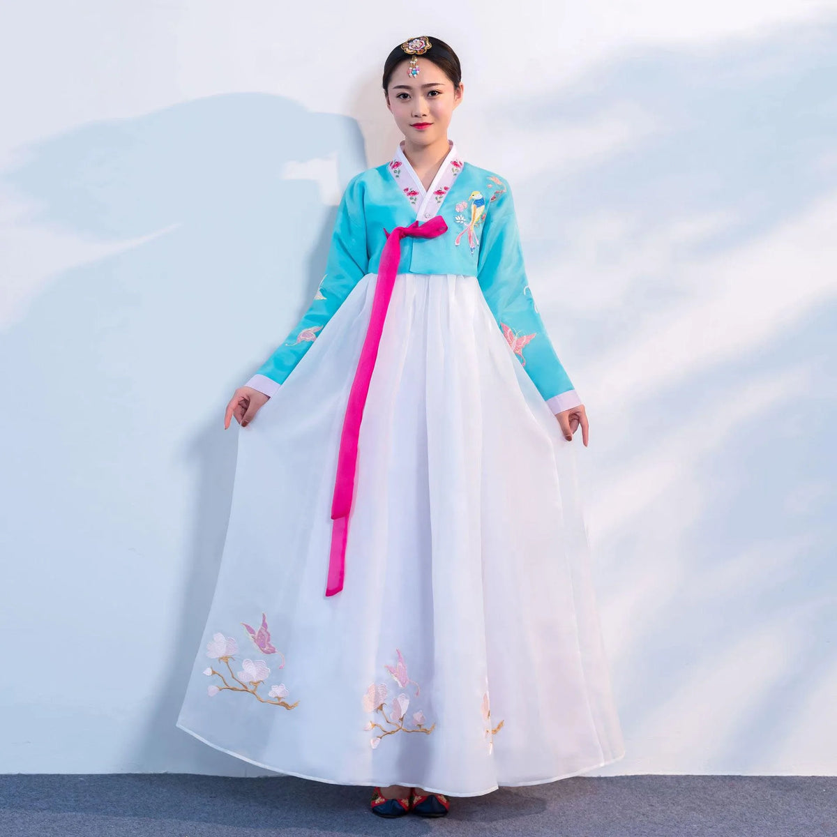 Women's Pink Hanbok Dress with Embroidered Flowers and Birds