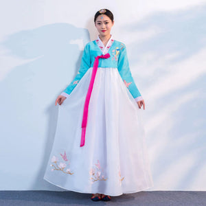 Women's Pink Hanbok Dress with Embroidered Flowers and Birds