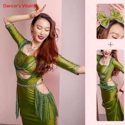 Women's Belly Dance Costume 3-Piece Set With Rhinestone Headband, Top And Long Tassel Skirt For Performance