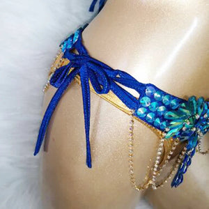 Dance Costume Women's Blue & Gold Bejeweled Rhinestone Bra & Skirt Set for Belly Dance