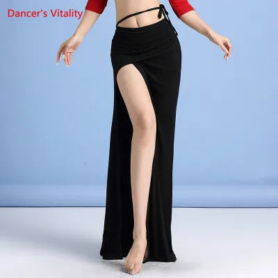 Belly Dance Skirt, Women's, Burgundy, High Slit Tie-Waist Ruched Maxi Skirt, Belly Dance