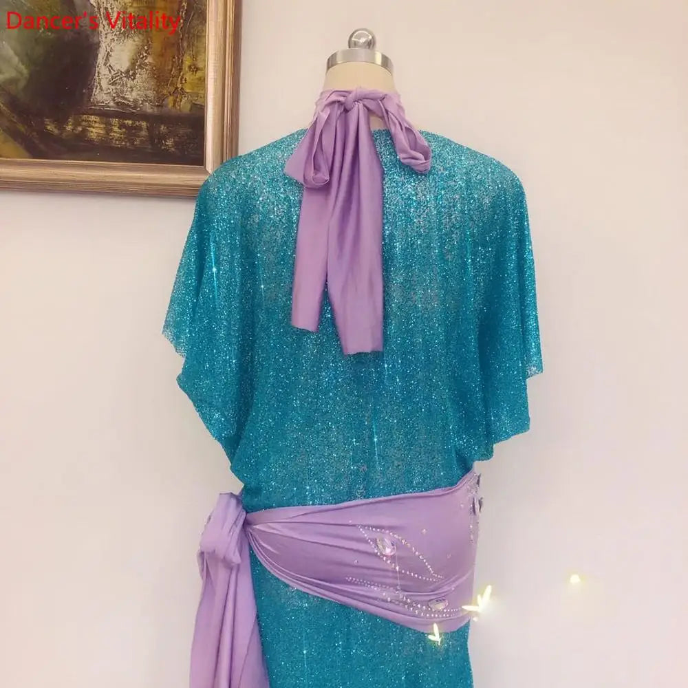 Women's Belly Dance Baladi Saidi Costume Dress Set With Bra, Glitter Fabric For Group Performance