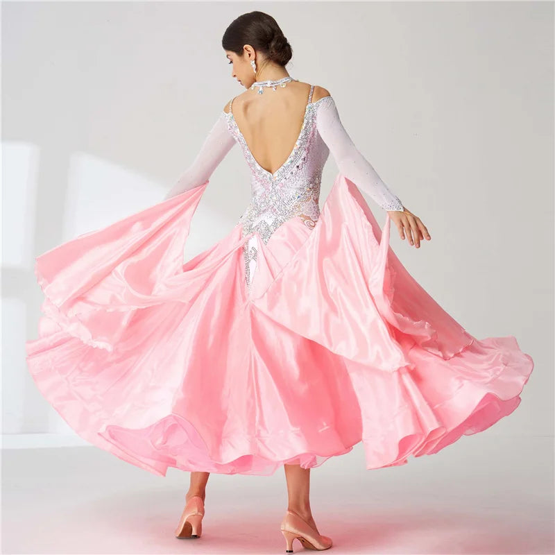 Girls' Long Ballroom Dance Dress With Pearl Embellishment For Competition