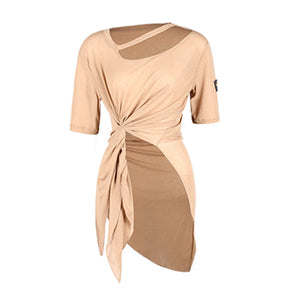 Women's Tan & Black Asymmetrical Knit Top with Twisted Front for Latin Dance