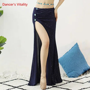 Women's Light Blue Crop Top & Navy Sequin Slit Skirt Belly Dance Costume