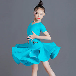 Girls Latin Dance Dress, Yellow, Blue, Red, Purple V-Neck Short Sleeve Ruffled Skirt, Performance Ballroom Dancewear