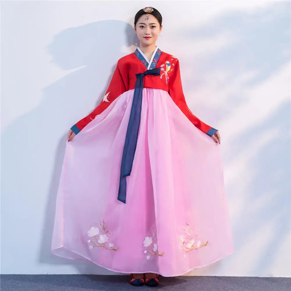 Women's Pink Hanbok Dress with Embroidered Flowers and Birds