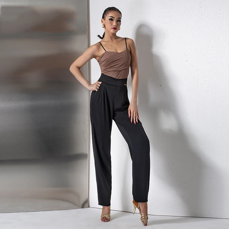 Women's Black Long Sleeve Cutout Crop Top & Black Logo Print High-Waisted Dance Pants Set, Stretch Fabric