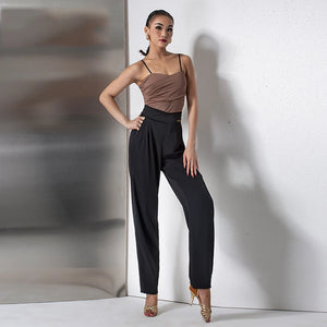 Women's Black Long Sleeve Cutout Crop Top & Black Logo Print High-Waisted Dance Pants Set, Stretch Fabric