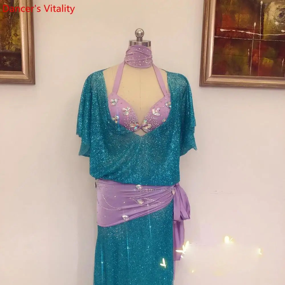 Women's Belly Dance Baladi Saidi Costume Dress Set With Bra, Glitter Fabric For Group Performance