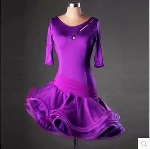 Latin Dance Dress Women's Red Stretch Knit Quarter Sleeve Cut-out Backless Ruffled Standard Ballroom Performance Costume