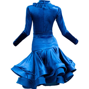 Girls' Blue Velvet Long Sleeve Ruffle Latin Ballroom Dance Dress