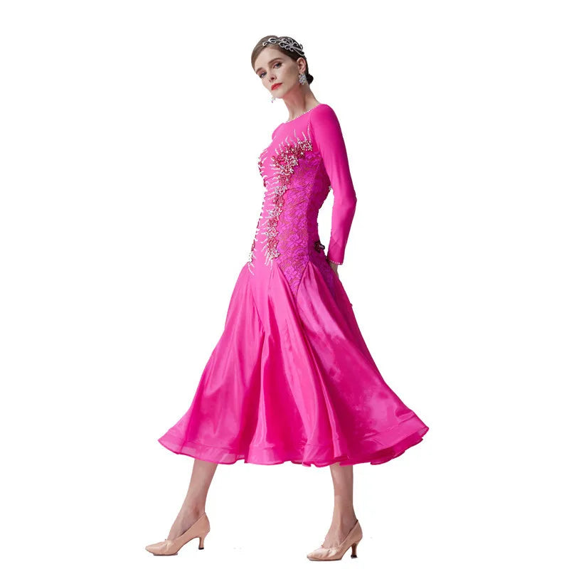 Women's Standard Ballroom Waltz Practice Dress With Pearl Silk Skirt