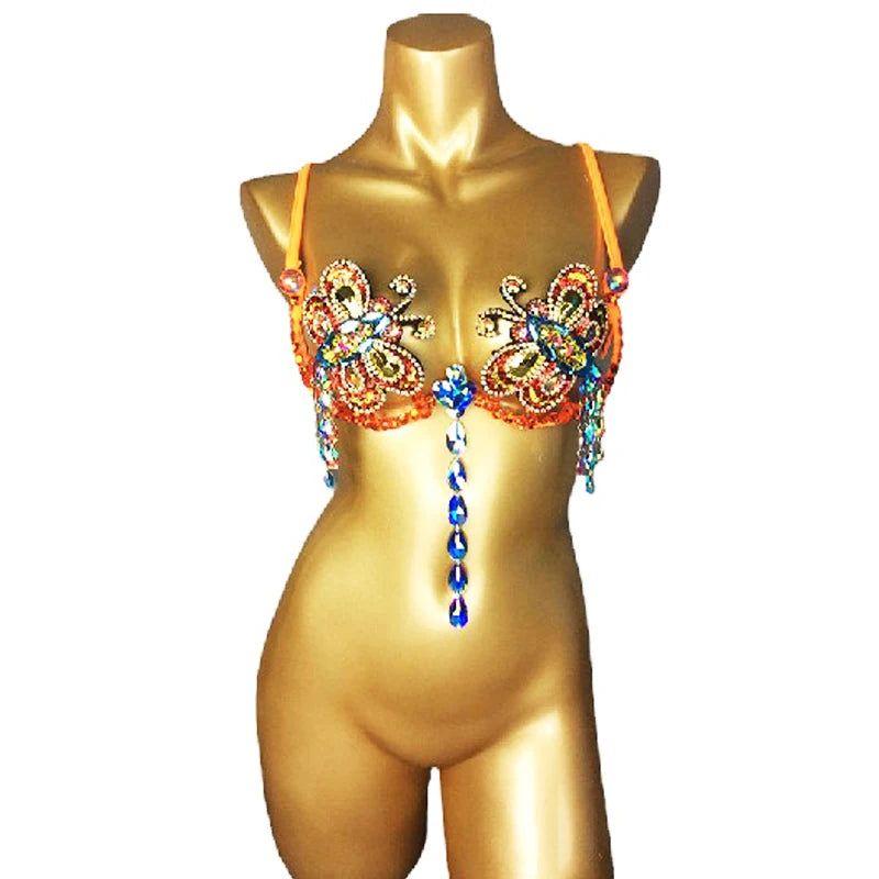 Belly Dance Top Womens Pink and Blue Beaded Halter Bra with Rhinestones and Dangles for Performance and Practice