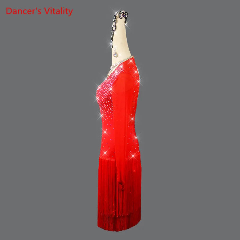 Women's Red Rhinestone Long Sleeve Fringe Latin Dance Dress