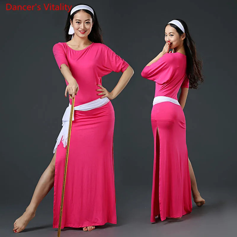 Belly Dance Dress Women's Black & Pink Long Sleeve Side Slit Baladi Saidi Folkloric Dress with Headband and Hip Scarf