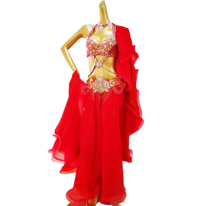 Belly Dance Costume Women's Red Beaded Halter Top & Skirt Set with Shawl