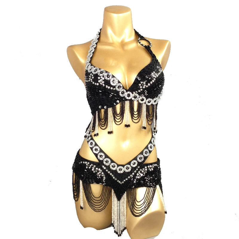 Belly Dance Costume, Women's Black & Silver Beaded Halter Top & Skirt Set, Sequin & Bead Fringe, Performance Wear