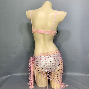 Belly Dance Costume Set Women's Light Blue & Pink Sequin Beaded Fringe Bra Top with Pink Sequin Mesh Hip Scarf