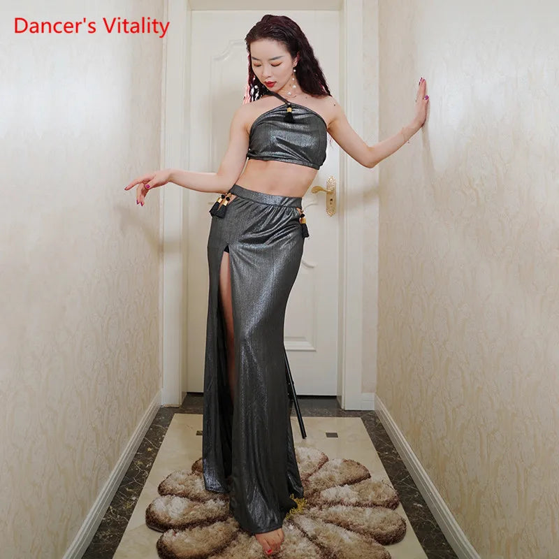 Belly Dance Costume Women Gold Halter Crop Top and High Slit Maxi Skirt Set, Shiny Metallic Fabric, Tassels Detail