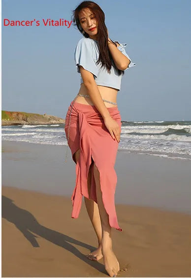 Women's Pink Crop Top and Ruched Slit Skirt Set with Rhinestone Waist Chain for Belly Dance